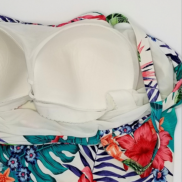 Swimsuits For All Colorful Tropical Floral Print Bandeau Blouson Takini Swim Top - Picture 7 of 9